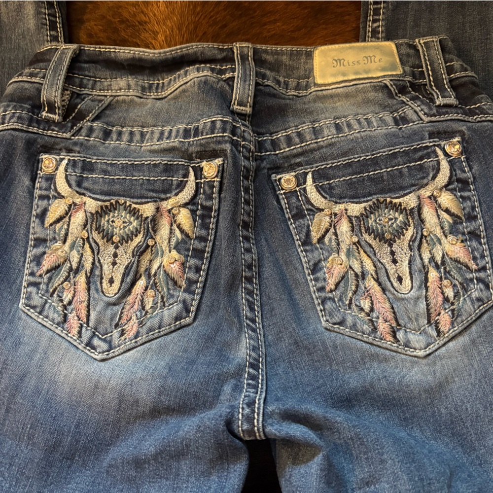 Miss Me Blue Jeans with Bull Skull Embroidery